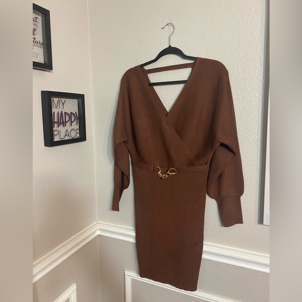 Brown Ribbed Sweater Dress - Picture 11 of 14